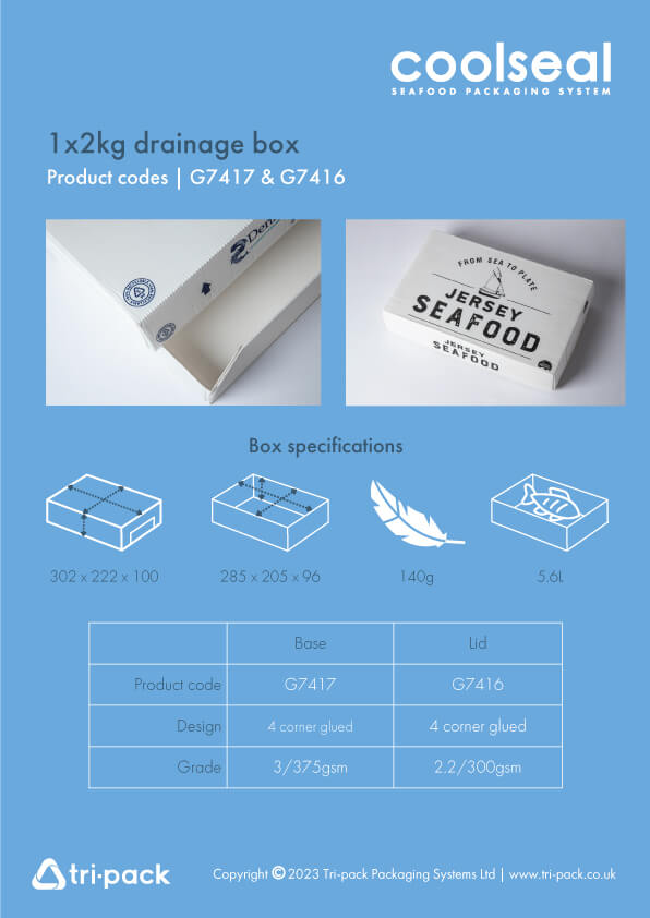 CoolSeal promotional flyer with dimensions - 1 x 2kg Drainage Box